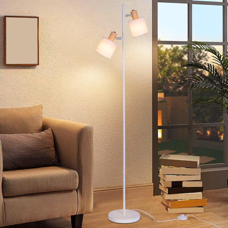 ZMH lampada da terra soggiorno lampada da terra vintage - 145cm due lampadine E14 lampada da terra in tessuto bianco con interruttore a pedale retro tessuto industriale ruotabile per soggiorno camera da letto (senza lampadina)