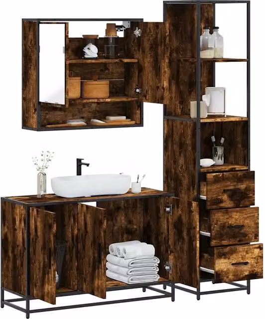 Set Mobili da Bagno 3 pz Rovere Fumo in Legno Multistrato 3301162