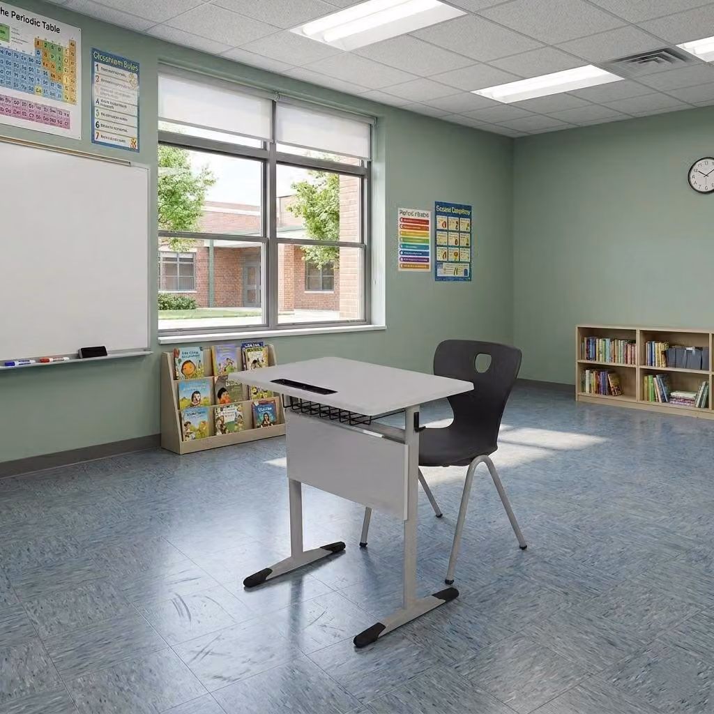Set per la scuola, design moderno ed ergonomico, grigio. Scrivania nera, sedia