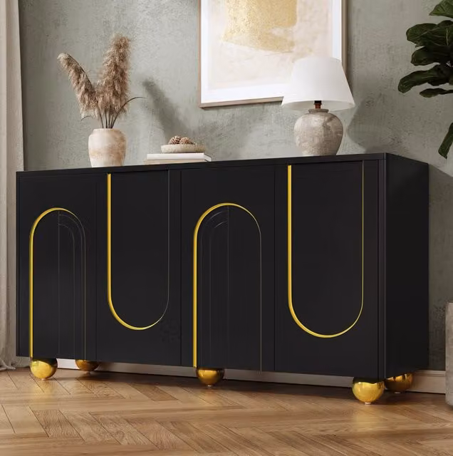 Sideboard a 4 ante nero con decoro dorato geometrico in stile glamour, L: 140 cm, P: 40 cm, H: 74 cm