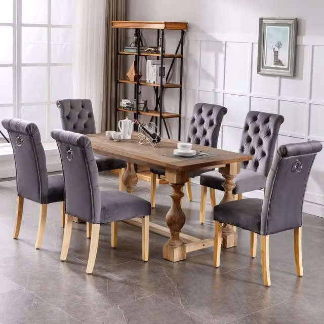 Set di 6 sedie da pranzo Zephmum in velluto grigio con gambe in quercia e dettagli cromati