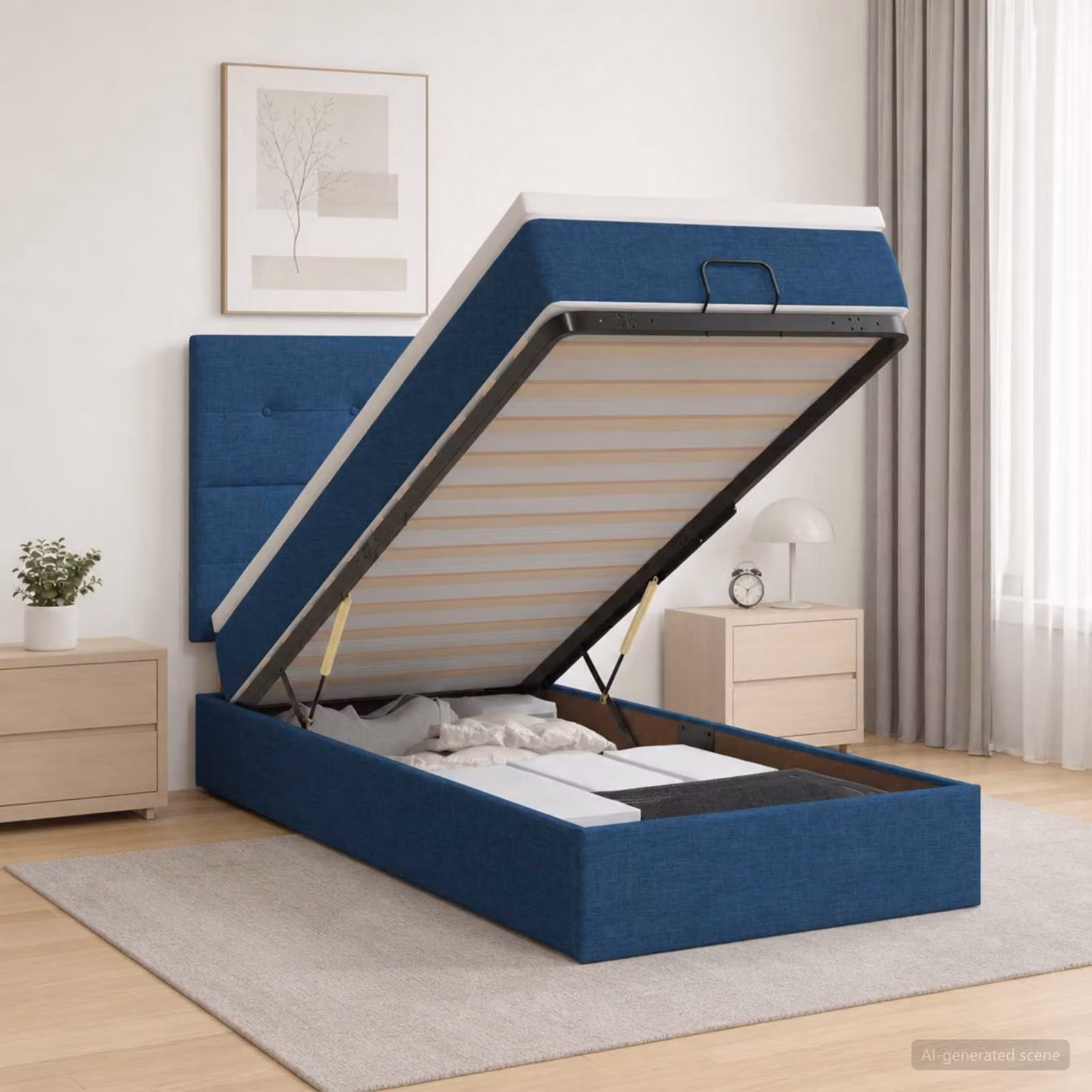 Letto ottomano con materasso vidaXL in tessuto blu e bianco, L 200 x P 100 x H 128 cm