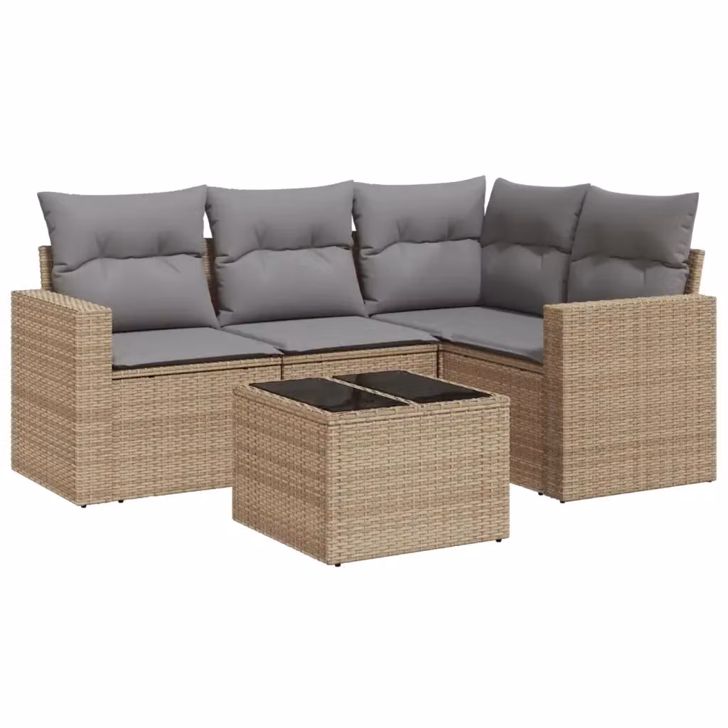 vidaXL Set Divano da Giardino a L 5 pz in Polyrattan con Cuscini Beige e Tavolino in Vetro – 2