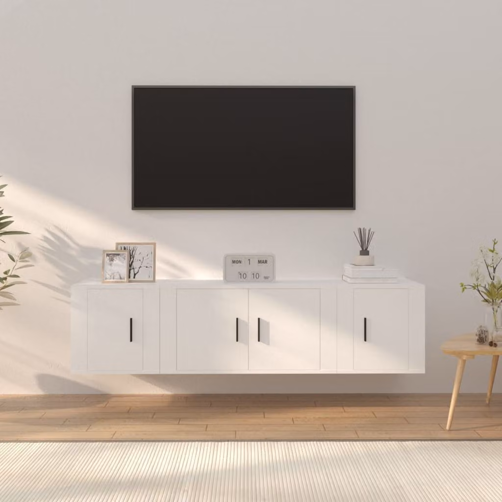 Set di mobili porta TV da 3 pezzi vidaXL in legno multistrato bianco per soggiorno, modello classico a parete