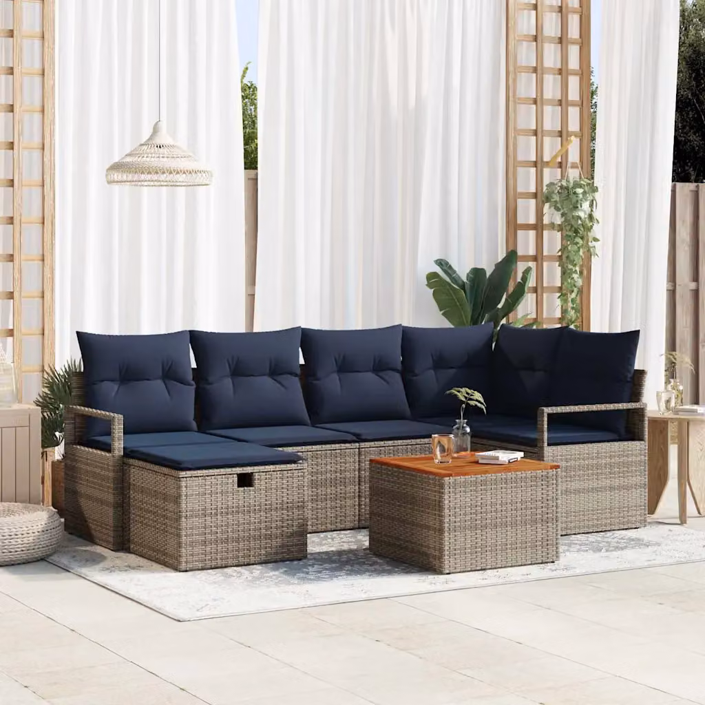 Set Divano da Giardino vidaXL 7 pz Grigio con Poltrona, Tavolino e Ottoman in Polyrattan e Acciaio con Cuscini Inclusi