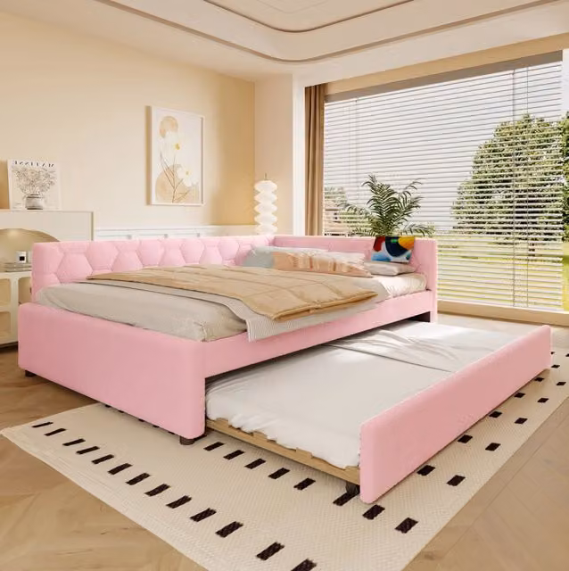 Daybed moderno in tessuto rosa con letto estraibile, porte USB e luce integrata, L/P/H: 208 x 145 x 66,5 cm