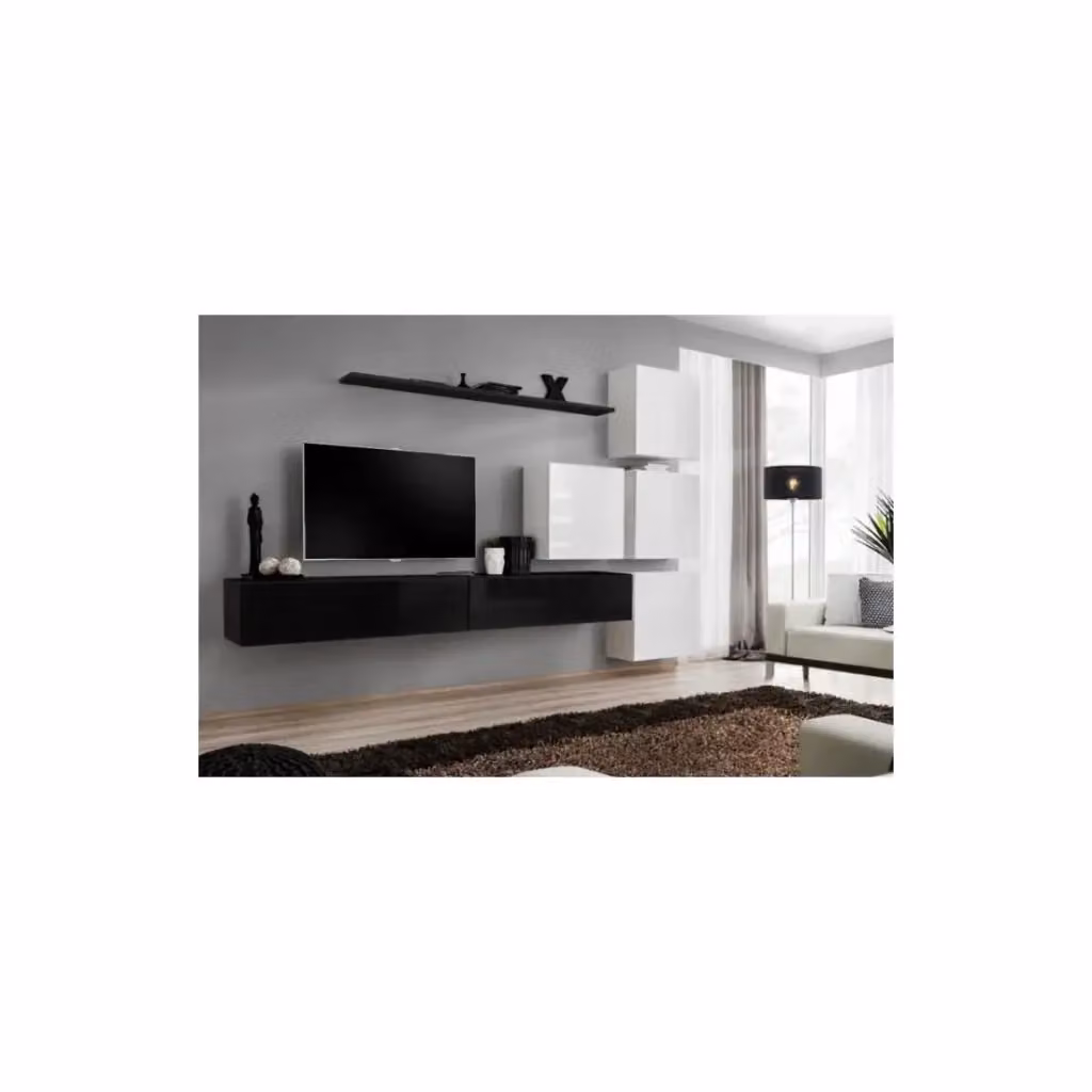 Composizione murale SWITCH IX Meublorama mobile TV sospeso moderno nero lucido e bianco – 2