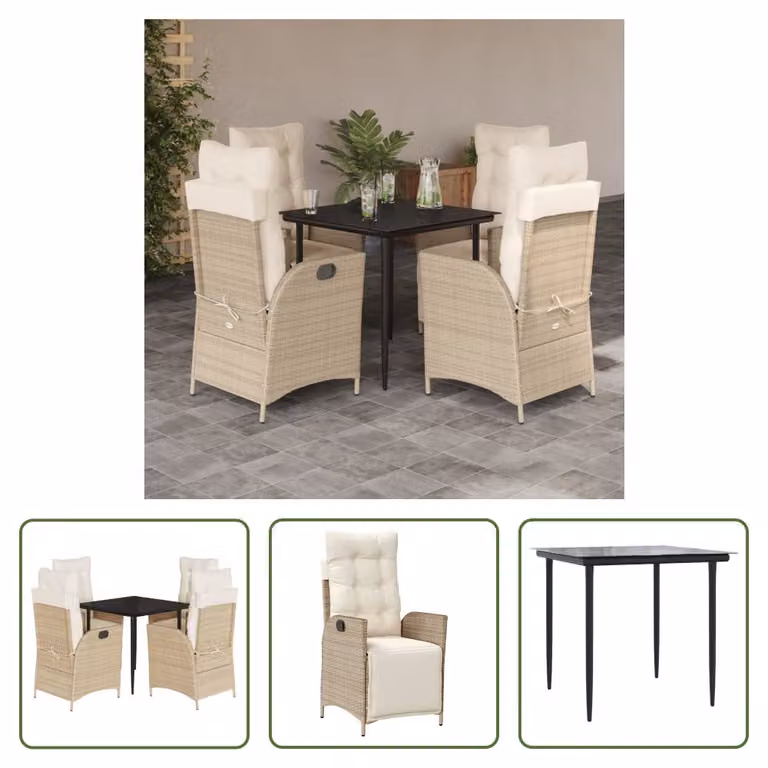 The Living Store Set da pranzo da giardino 5 pezzi con cuscini Beige poly rattan