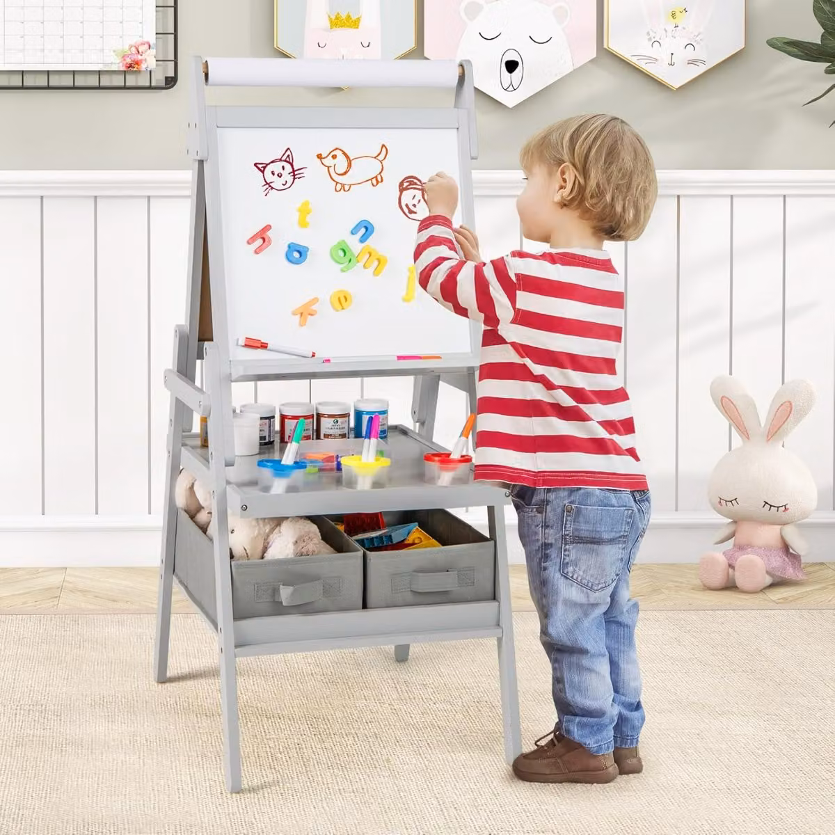 Cavalletto 3 in 1 per bambini Costway con doppia faccia magnetica e lavagna bianca, Grigio