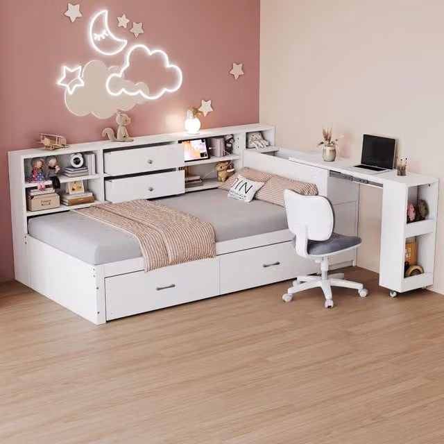 Letto singolo 90 × 200 cm in legno bianco con scrivania estraibile USB presa e cassetti per cameretta