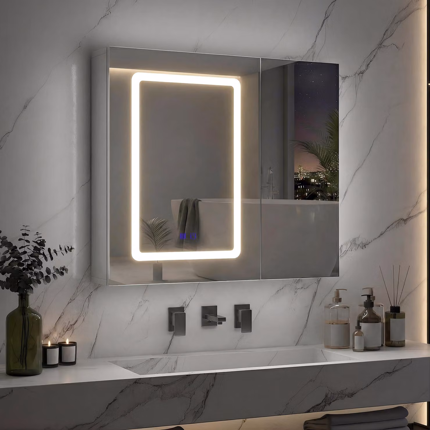 Armadietto a specchio Moonbite LED da 70 cm con sistema antiappannamento e specchio bifacciale, bianco