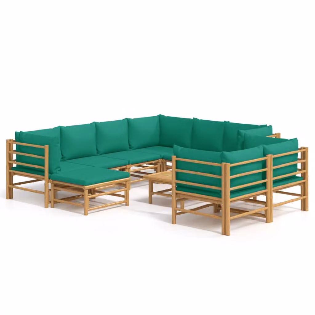 Set Salotto da Giardino 10pz con Cuscini Verdi Bambù