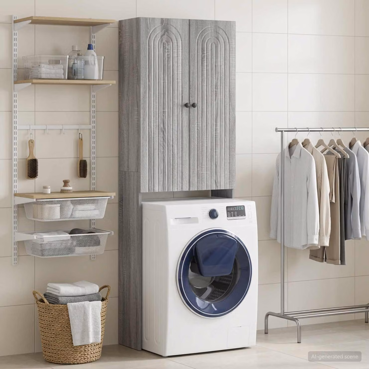 Mobiletto da bagno moderno vidaXL ALKMAAR in legno e metallo grigio, L 66 x P 25,5 x H 190 cm