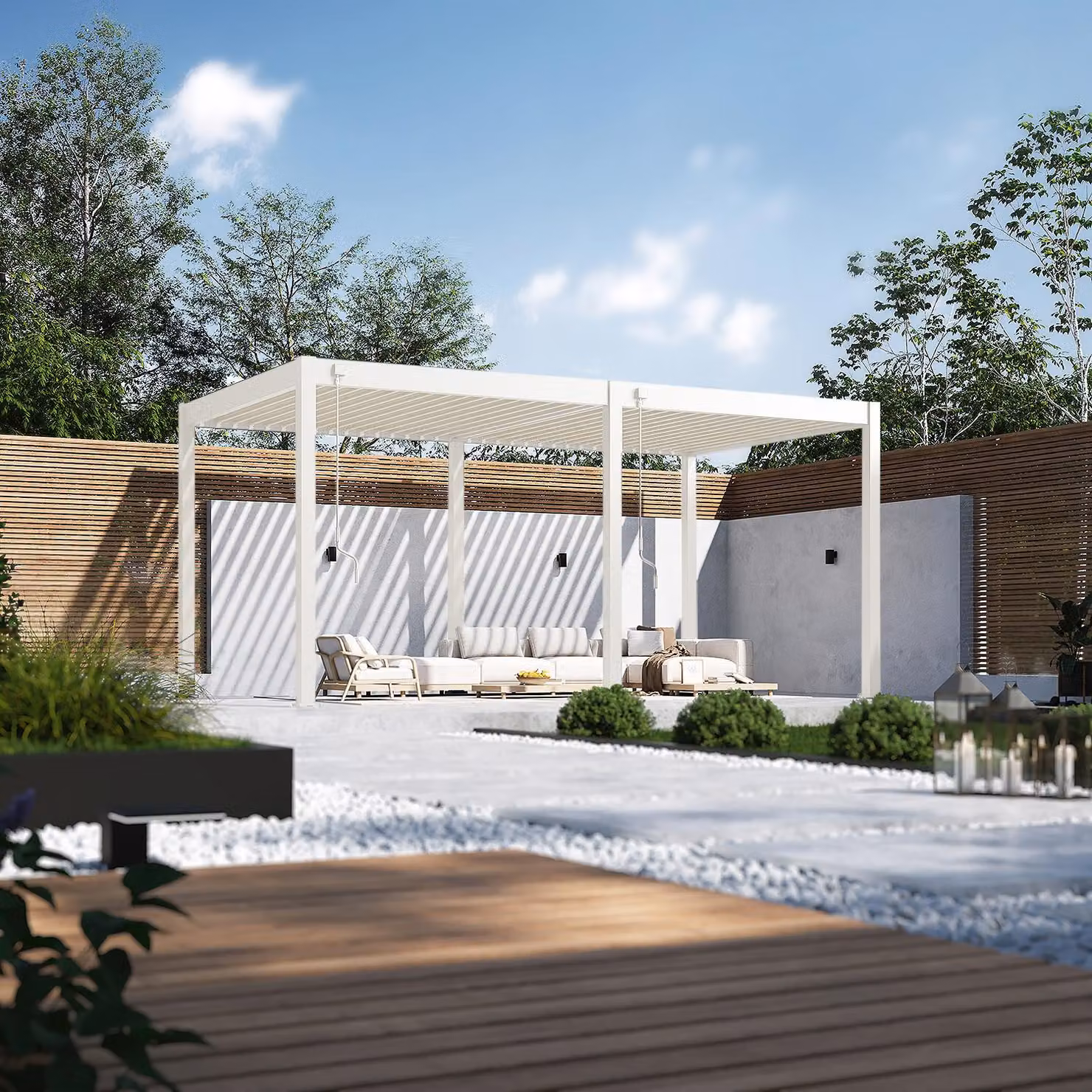 Pergola Weide Classic in alluminio 3x5,3 m con tetto a lamelle, indipendente, bianca