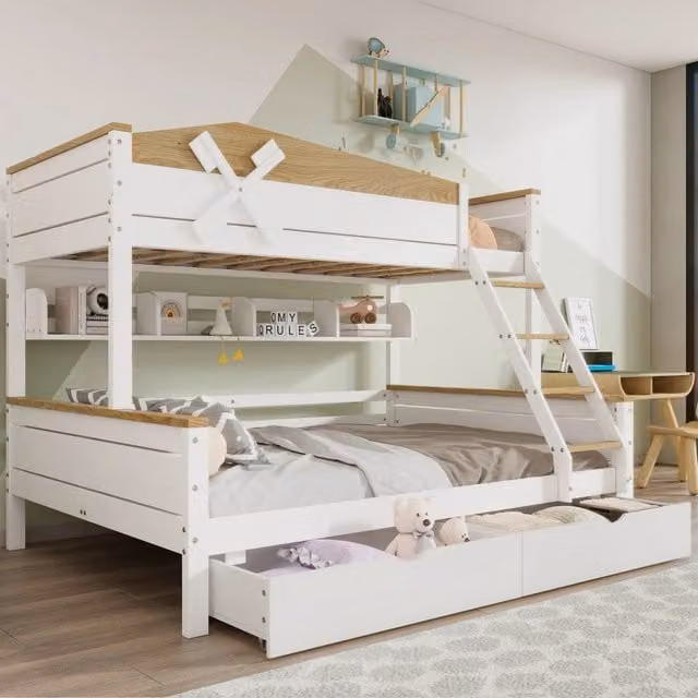 Letto a castello 205x145x155 cm con scala inclinata a 4 gradini; ripiani e cassetti in legno bianco e naturale