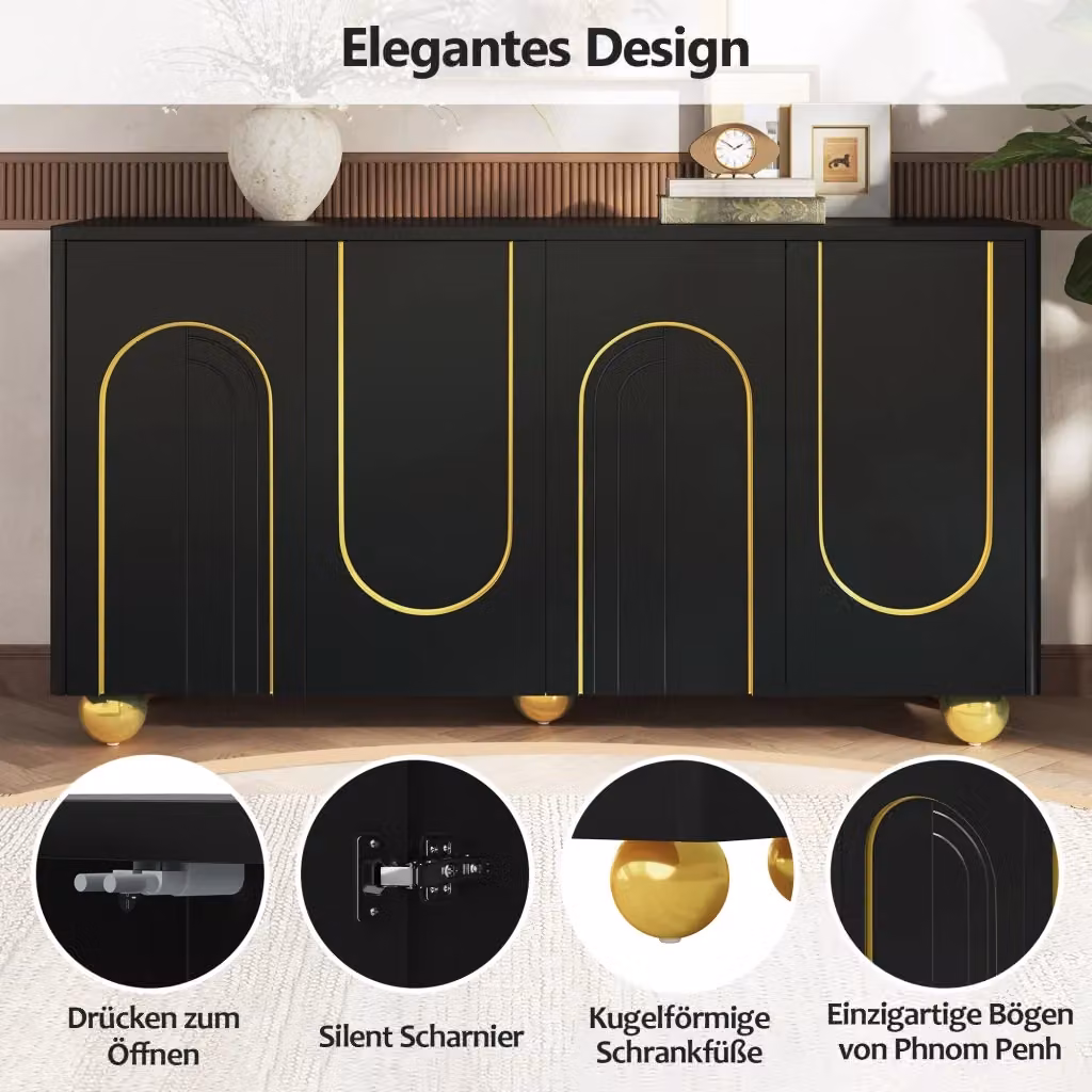 Sideboard moderno REDOM con 4 ante in MDF e metallo, colore nero e oro, L: 140 cm, P: 40 cm, H: 74 cm – 2