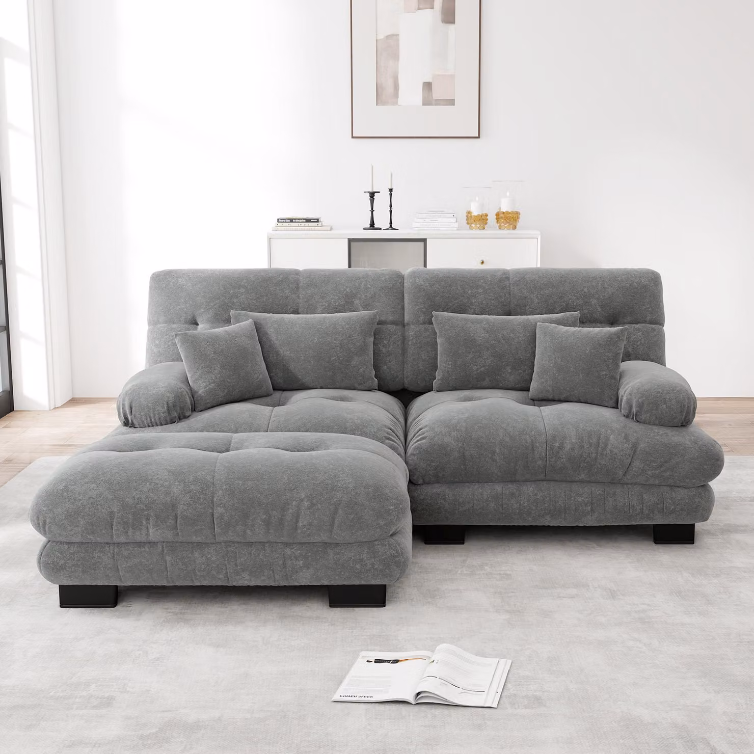Divano angolare imbottito, tessuto in chenille, 2 cuscini lombari, 2 cuscini decorativi, braccioli ampi, poggiapiedi (grigio)