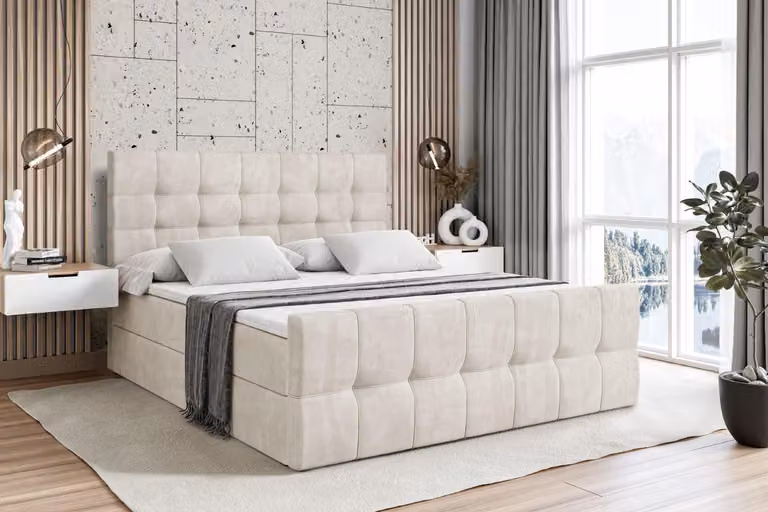 Letto boxspring ALTDECOR con materasso e rete a doghe - - BERO -Z - 200x200 cm, velluto beige - Letto boxspring, pediera, topper, letto imbottito con contenitore, letto con contenitore H4 - Materasso, letto matrimoniale, letto boxspring