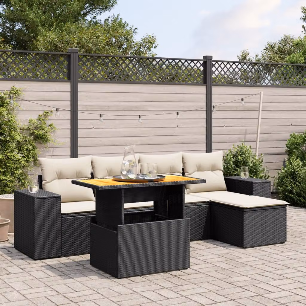 Set Divano da Giardino vidaXL 6 pz a L con Cuscini Nero e Bianco in Polyrattan e Legno di Acacia – 1