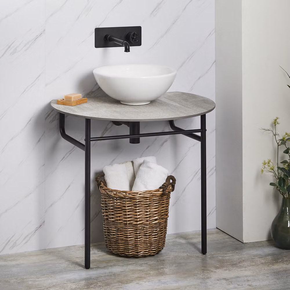 Consolle Nera Con Lavabo Tondo 400mm E Ripiano Grigio Pietra – Nitido
