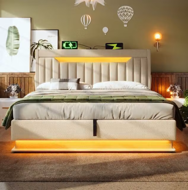 Letto matrimoniale imbottito 160x200 cm con testiera contenitore, porte USB e Type-C, illuminazione LED integrata, tessuto di lino beige senza materasso