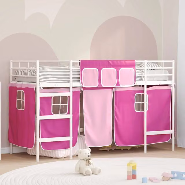Letto a castello per bambini con tende Bianco e Rosa 42020822