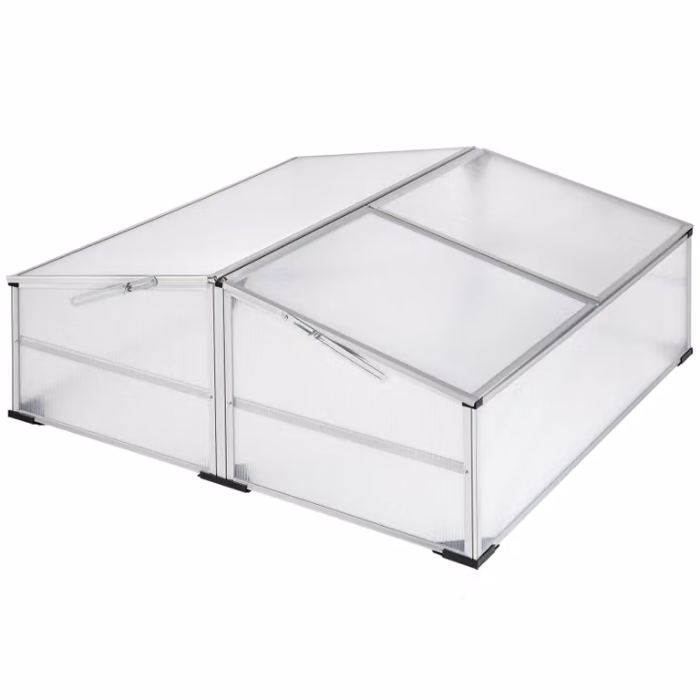 Semenzaio rialzato tectake in alluminio argento con tetto in policarbonato trasparente L 102 x P 102 x H 41/31 cm