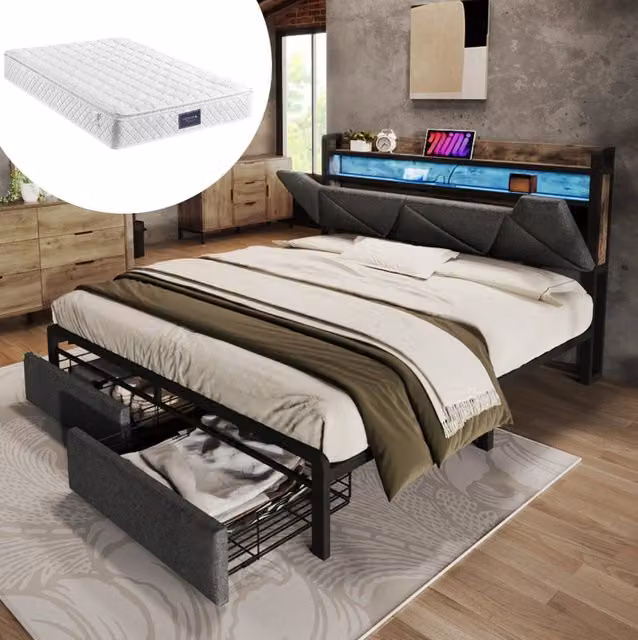 Letto matrimoniale 140x200 con contenitore, testata con USB Tipo C, illuminazione LED e cassetti, struttura in metallo grigia con rete a doghe e materasso