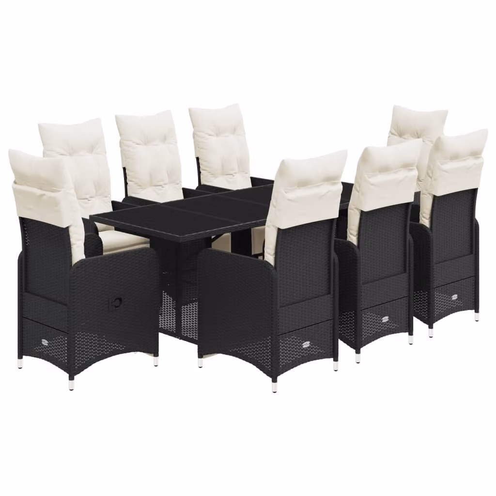 Set Bistrò da Giardino 9 pz con Cuscini in Polyrattan Nero