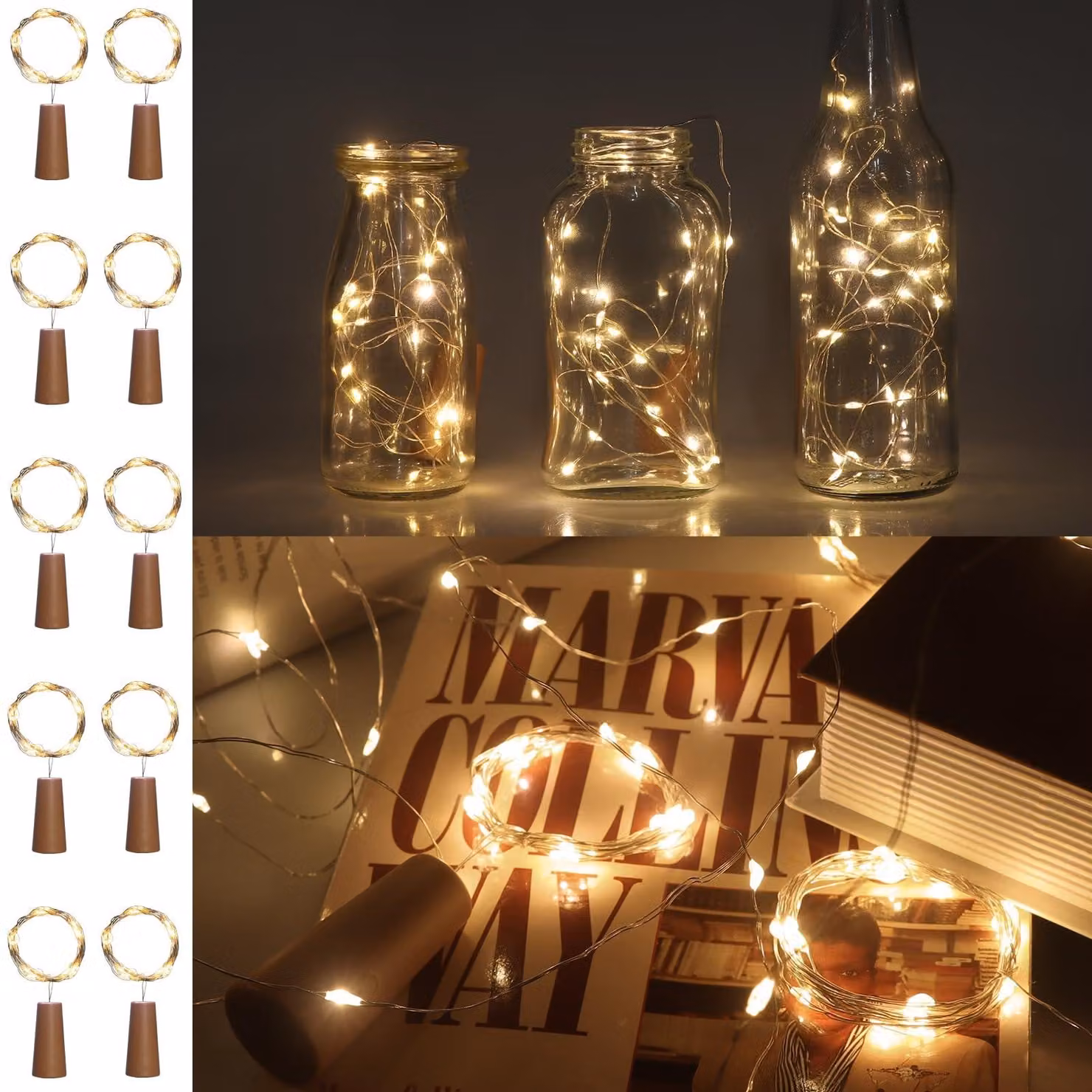 Catena luminosa da 2 metri, con 20 LED, luce bianco caldo, confezione da 10 pezzi, ideale per decorare bottiglie