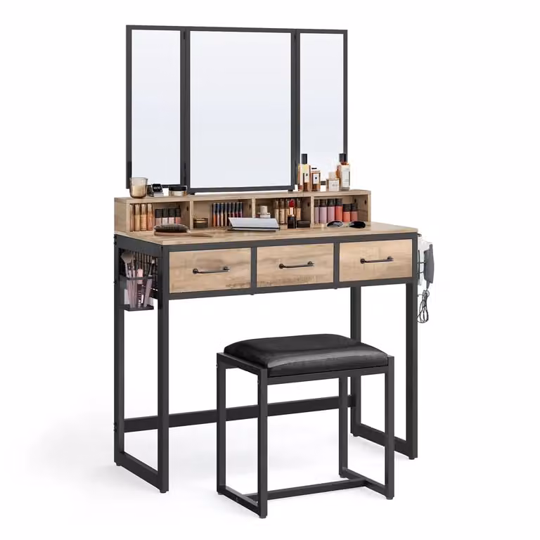 Tavolo da Trucco con Sgabello Imbottito, Marrone Rovere + Nero