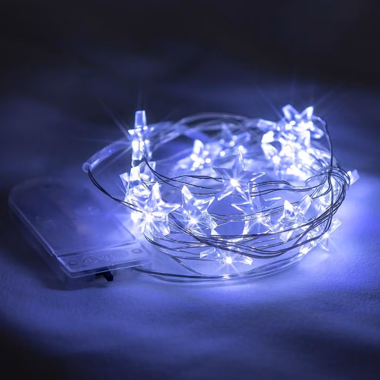 Catena luminosa a forma di stelle, 2 metri, 20 LED, luce bianca fredda, filo di rame, impermeabile