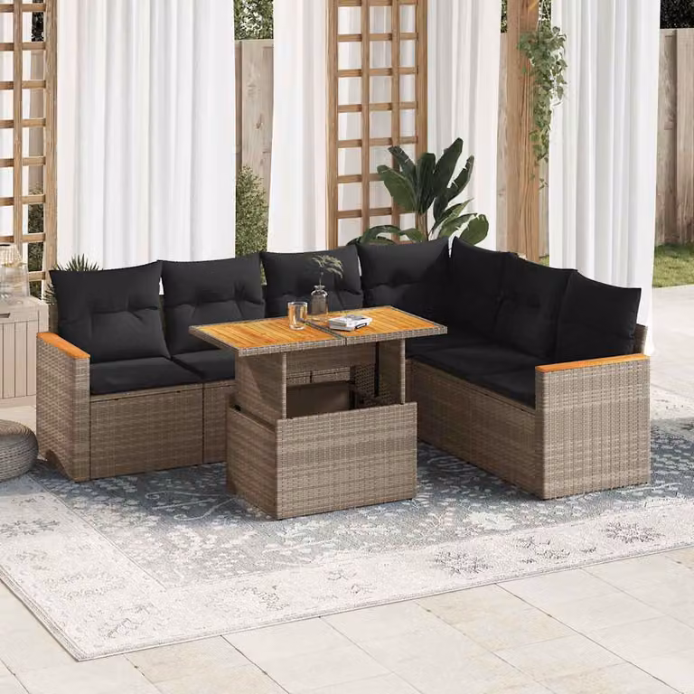 Set Divani da Giardino vidaXL 7 Pezzi a Forma di L in Polyrattan e Legno di Acacia con Cuscini Grigio