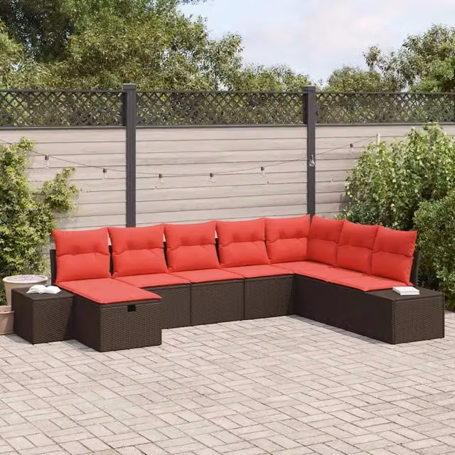 Set Divano da Giardino a L vidaXL da 8 Pezzi con Cuscini, Struttura in Metallo e Polyrattan, Colore Marrone e Rosso