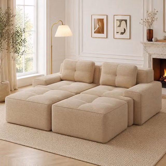Divano modulare boneless con seduta profonda 204x177x69 cm in tessuto a coste beige