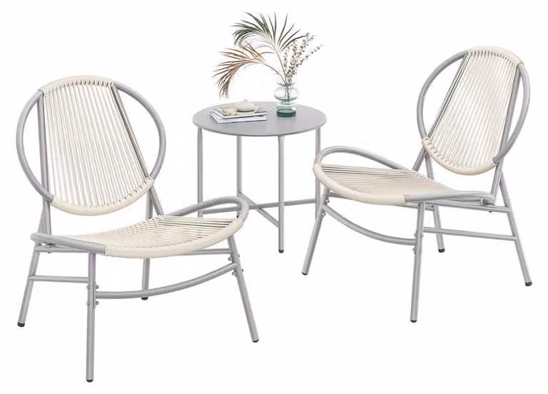 Set di mobili da giardino in rattan sintetico (PE) con tavolo e 2 sedie, colore grigio tortora | 50x50x45 cm