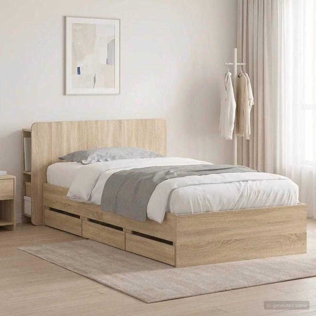 Struttura letto con contenitore e testata vidaXL in legno Rovere Sonoma marrone L 211.5 x P 140 cm, H 95 cm