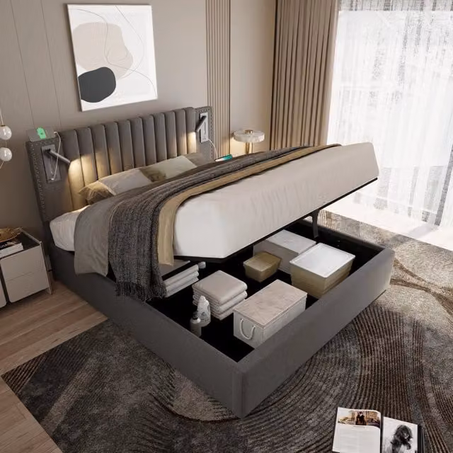Letto Matrimoniale 160x200 con Contenitore; Testiera Regolabile e Borchie; Luce da Lettura e USB; Cotone Grigio