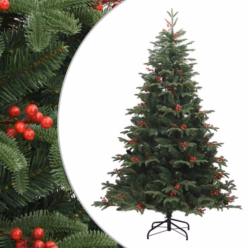 Albero di Natale artificiale, altezza 180 cm, con decorazioni a forma di pigne e bacche, dotato di sistema a cerniera