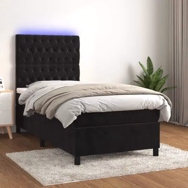 Letto singolo | Letto per adulti | Letto a Molle con Materasso e LED Nero 90x200 cm in Velluto