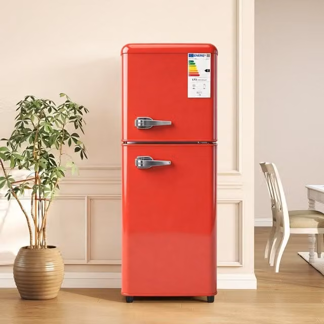 Frigorifero a due porte 112L ¨C Minimal ¨C Rosso, classe E, vano frigorifero 72L, vano congelatore 40L, temperatura regolabile 7 livelli