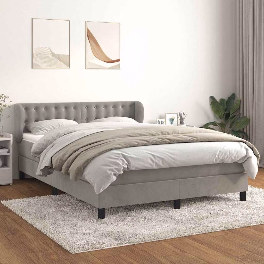 vidaXL Giroletto a Molle con Materasso Ibrido in Velluto Grigio Chiaro L/P/H: 140 x 190 cm – 1