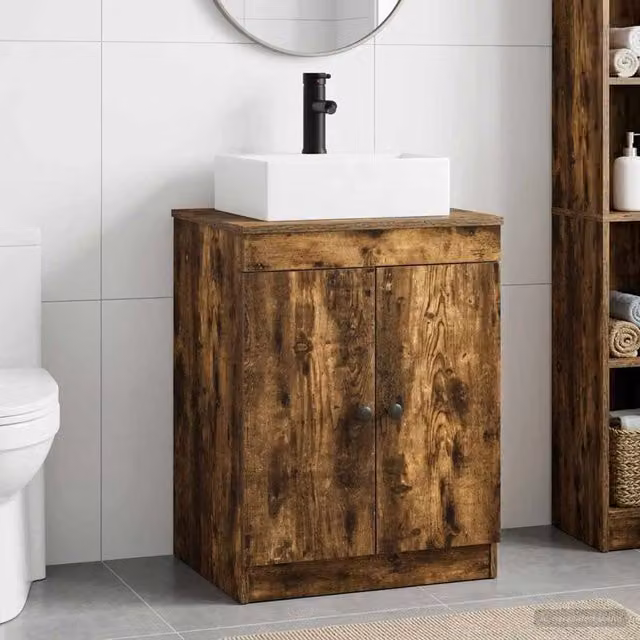 Set di mobili per il bagno moderno vidaXL in legno ingegnerizzato color rovere fumo marrone con ante a battente e ripiani interni – 1
