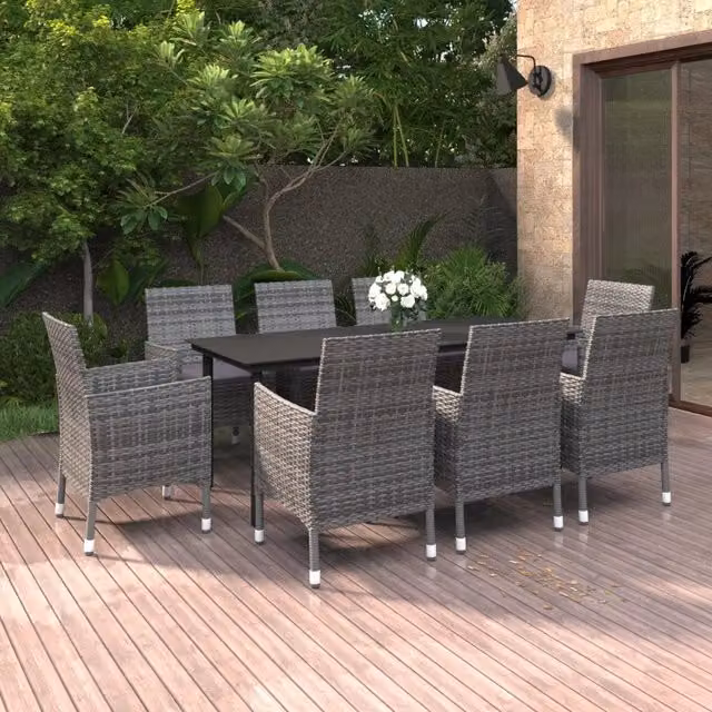 Set da Pranzo da Giardino e Cuscini 9 pz in Polyrattan e Vetro 3099696