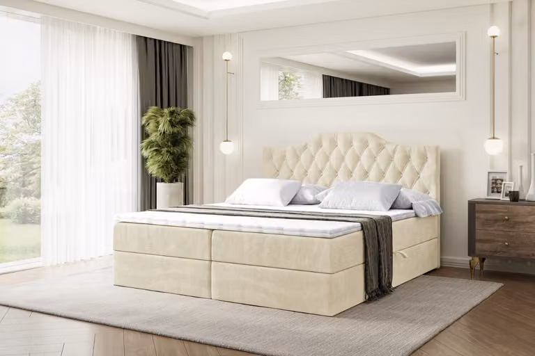 Letto boxspring ALTDECOR con materasso H3 e topper - 160 x 200 cm - VILA-1 - Velluto beige - Letto imbottito con contenitore e rete a doghe, letto con spazio contenitivo