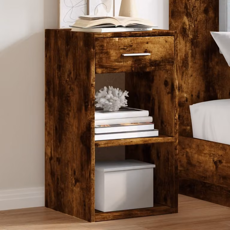 Comodino moderno vidaXL in legno multistrato color rovere fumo, sospeso a parete, L 35 cm x P 34 cm x H 65 cm