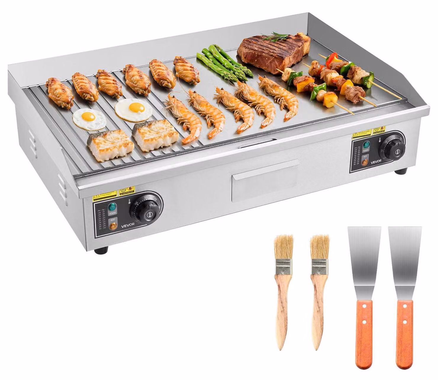 Piastra grill elettrica, 4400 W, dimensioni 725x400 mm, temperatura regolabile da 50 a 300 °C, in acciaio inossidabile