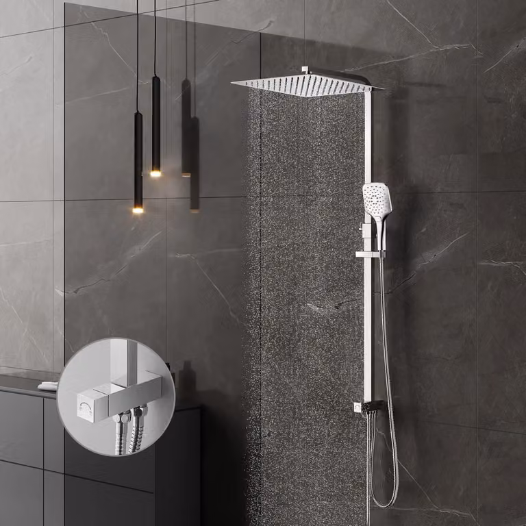 Sistema doccia a pioggia, 30x30 cm, cromato, acciaio inossidabile, regolabile