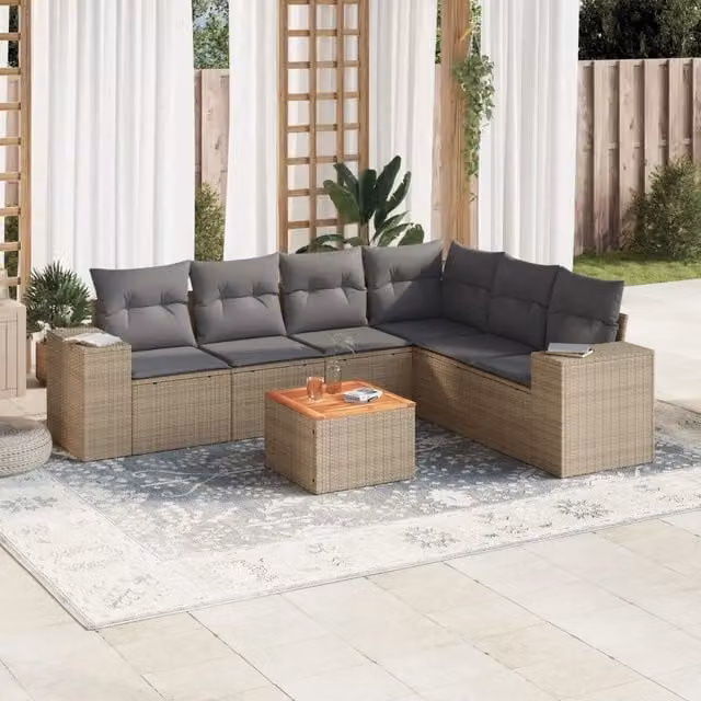 Set Divani da Giardino 7 pz con Cuscini Beige in Polyrattan 3225464