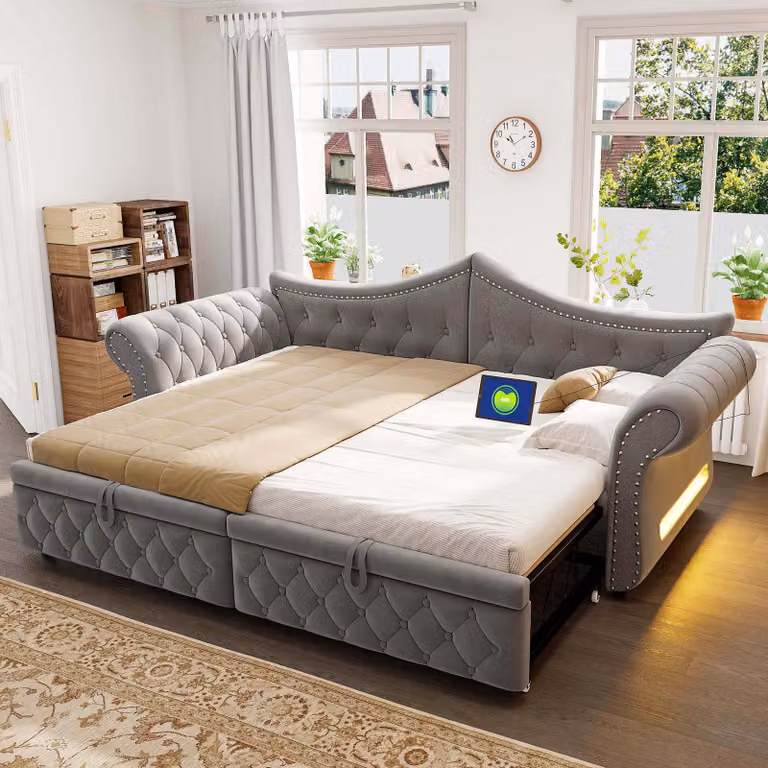 Divano letto Flieks 90x200 cm / 180x200 cm con meccanismo estraibile, divano letto imbottito trasformabile in chaise longue con porta USB, letto per ragazzi con illuminazione, divano letto in velluto, grigio